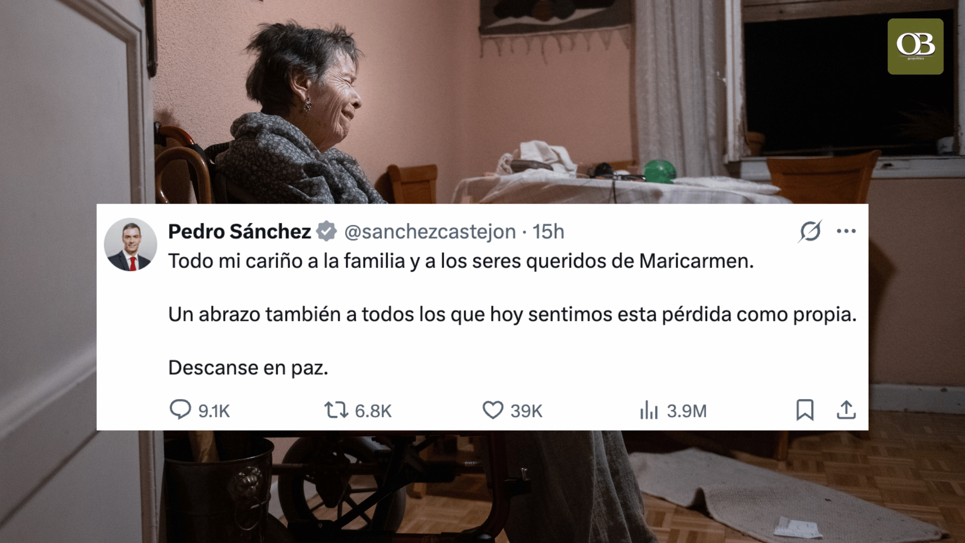 Publica un tuit hipócrita dando el pésame a la familia de Maricarmen tras ignorar su carta de auxilio y llevarla a la ruina